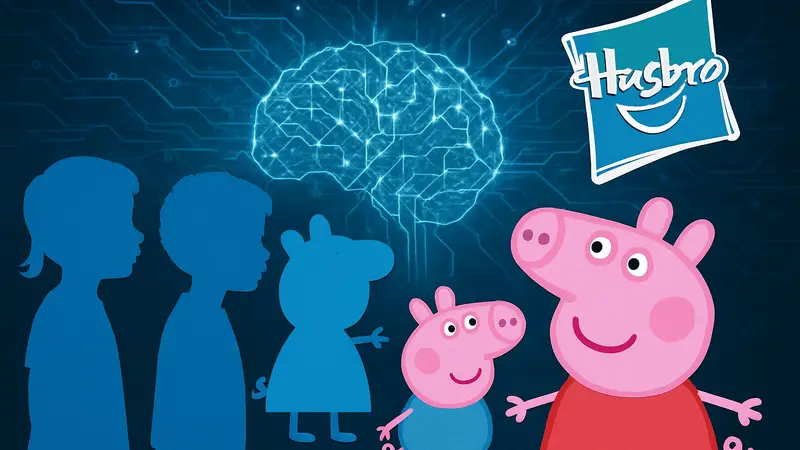 Дети-актеры Peppa Pig и логотип Hasbro на фоне нейросети, символизирующей искусственный интеллект.