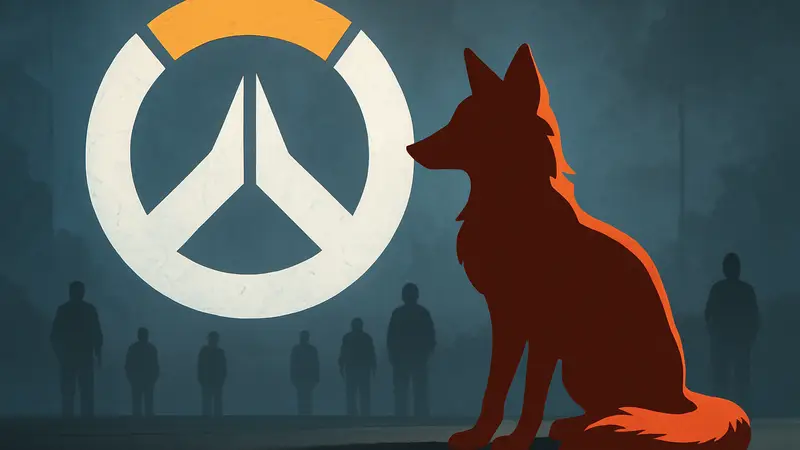 Лис Финнеган, который подарил голос духу Кирики из Overwatch 2, на фоне логотипа игры.
