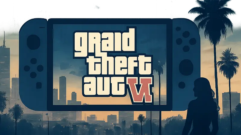 Логотип GTA VI на фоне силуэта Nintendo Switch 2, символизирующий слухи о выходе игры на консоли