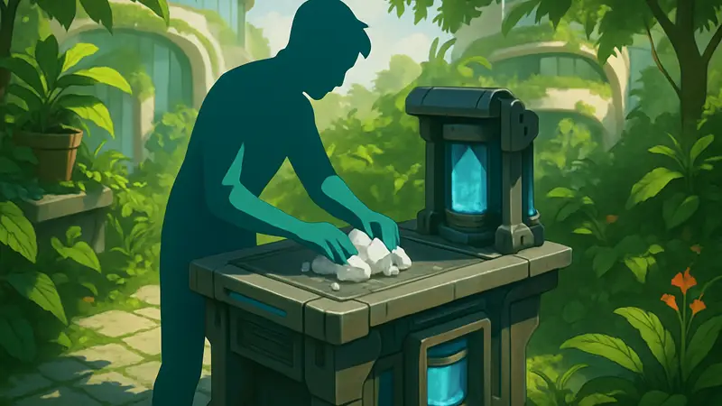 Игрок крафтит кремний в Solarpunk из кварца на специальном верстаке, окруженном растениями.