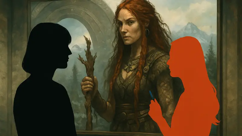 Актриса Дебора Энн Уолл и концепт-арт Лауфей из игры God of War, демонстрирующие долгую работу над персонажем.