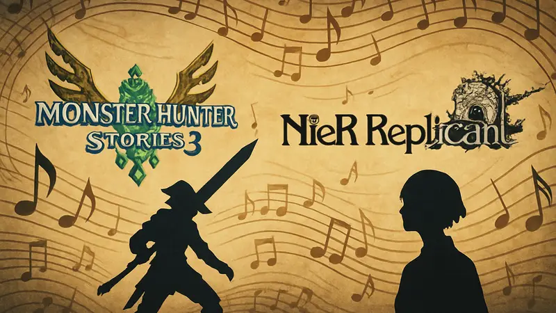 Логотипы Monster Hunter Stories 3 и NieR Replicant на фоне музыкальных нот