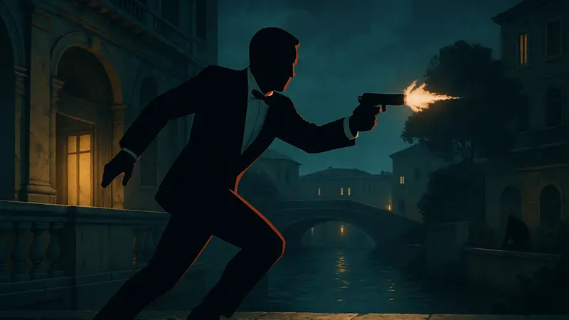 Скриншот из игры 007 First Light, где Джеймс Бонд в элегантном костюме выполняет эффектное действие, возможно, стреляет или скрытно перемещается.