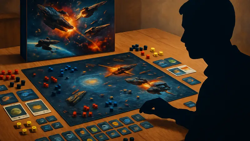 Настольная игра «Эра Галактики» на столе, с фишками и картами, показывающая космические битвы.