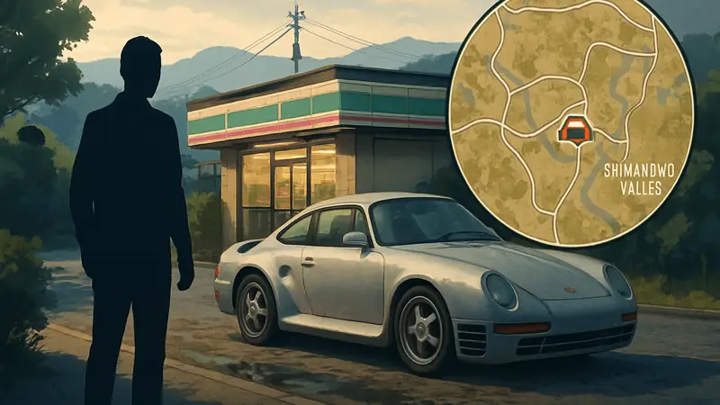 Porsche 959 рядом с конибини в Forza Horizon 6, карта искомого автомобиля.