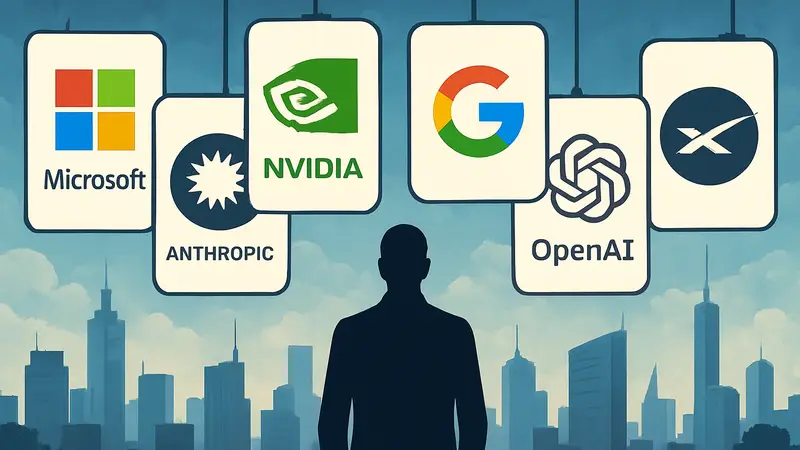Логотипы компаний Microsoft, Anthropic, Nvidia, Google, OpenAI, SpaceX формируют акроним MANGOS.