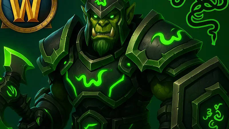Персонаж World of Warcraft с экипировкой Razer и логотипами обеих компаний