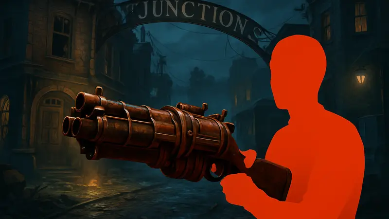 Игровой скриншот Blundergat из Black Ops 7 Zombies в руках персонажа на карте Paradox Junction.