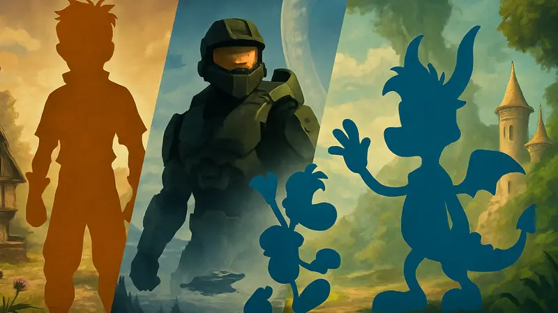 Коллаж из обложек или ключевых персонажей игр таких трилогий как Fable, Halo, Rayman и Spyro.