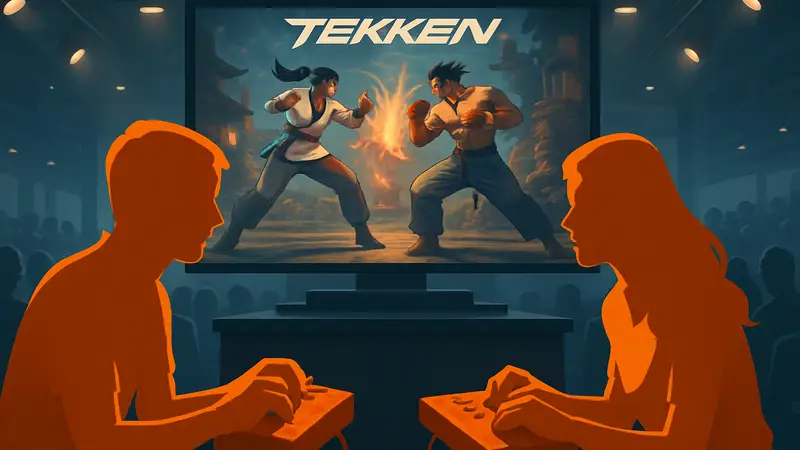 Парень и девушка играют в Tekken на игровом контроллере, соревнуясь друг с другом в веселой обстановке.
