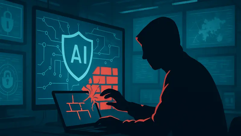 Концепт ИИ-безопасности и киберугрозы, взлом системы файрвола.