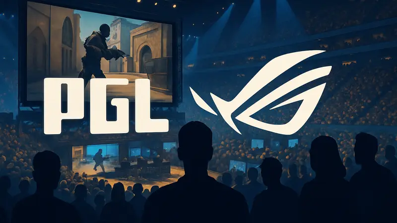 Логотипы PGL и ASUS ROG на фоне киберспортивного турнира по Counter-Strike 2.