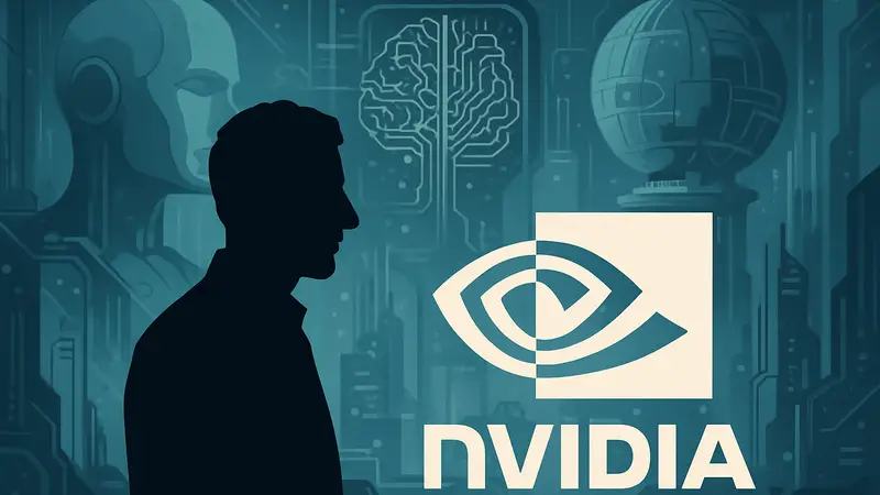 Илья Суцкевер и логотип Nvidia на фоне футуристических ИИ-концептов, символизирующих партнерство в области технологий.