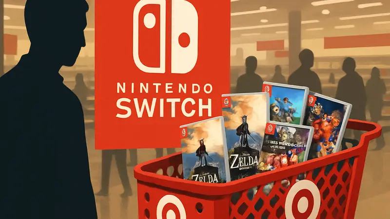 Логотип Nintendo Switch на фоне тележки Target со скидочными играми