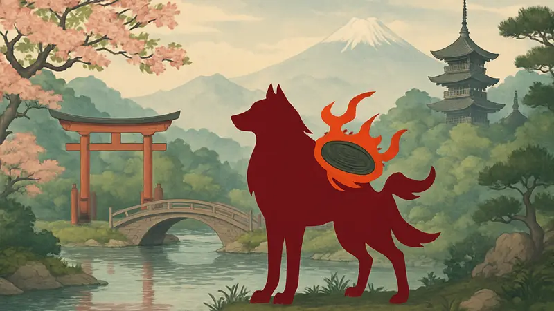 Аматэрасу, главная героиня игры Okami, выполненная в уникальном стиле, на фоне японского пейзажа.
