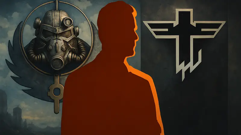 Джонатан Нолан на фоне символики Fallout и Wolfenstein