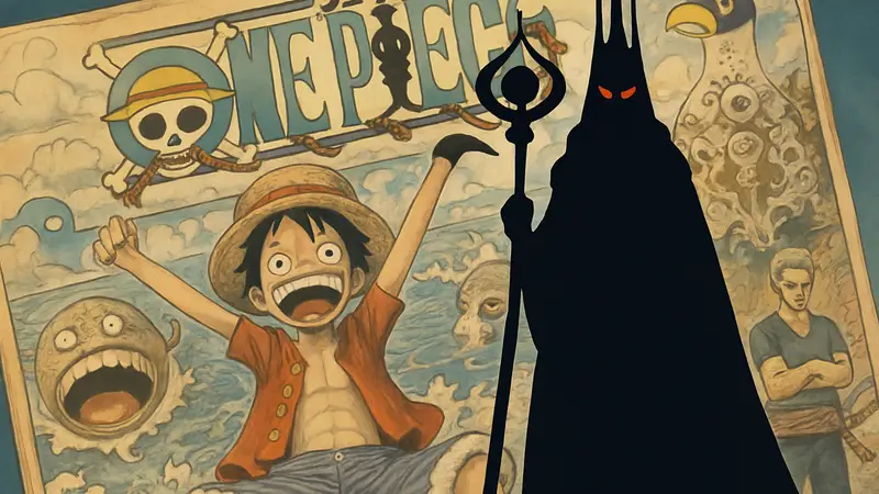 Нерона Иму из One Piece, на фоне старой обложки манги, символизирующей предзнаменования