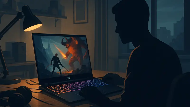 Игровой ноутбук Acer Nitro V15 с подсветкой клавиатуры на рабочем столе геймера.
