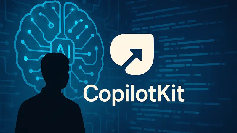 Логотип CopilotKit на фоне схематического изображения искусственного интеллекта и кода.