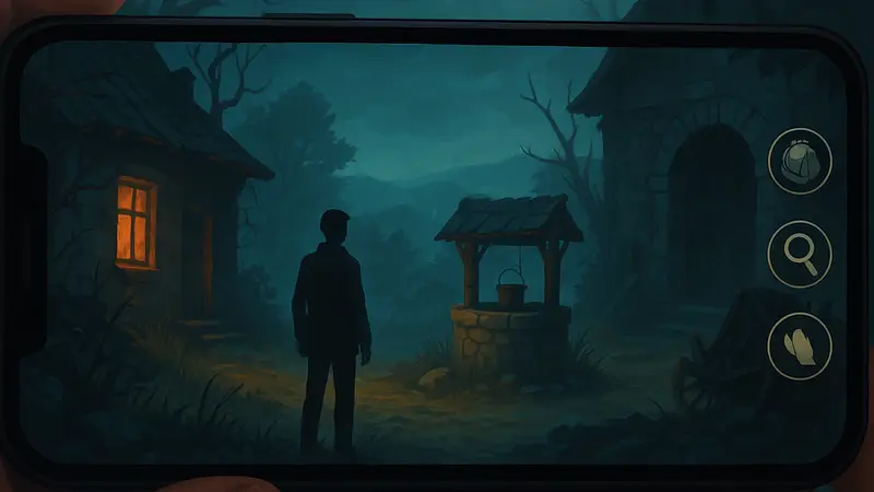 Игровой скриншот Mystery of Silence, показывающий атмосферу point-and-click приключения на мобильных устройствах.