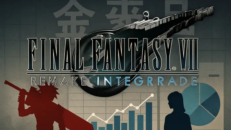 Логотип Final Fantasy VII Remake Intergrade на фоне японских иероглифов и диаграмм игровых продаж.