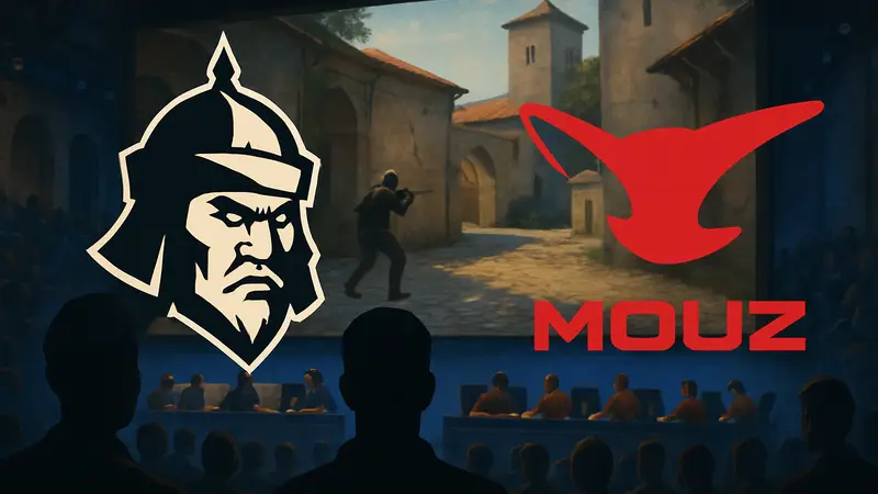 Логотипы киберспортивных команд The MongolZ и MOUZ, на фоне игрового матча Counter-Strike 2