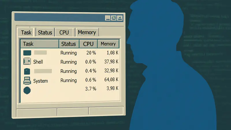 Скриншот ранней версии Task Manager или портрет Дэвида Катлера на фоне кода