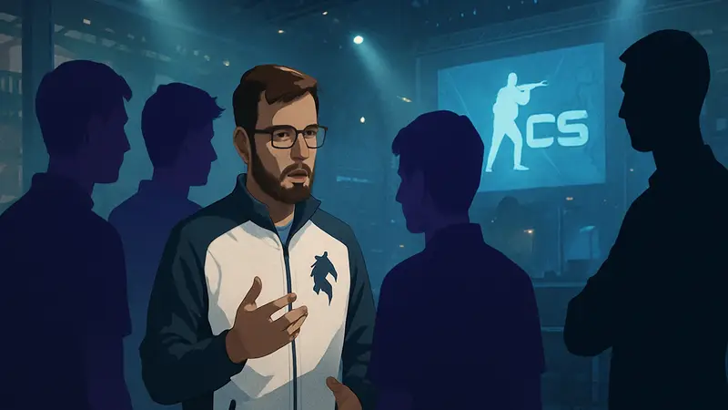 Тренер dastan из Team Spirit разговаривает с игроками на турнире по CS2.