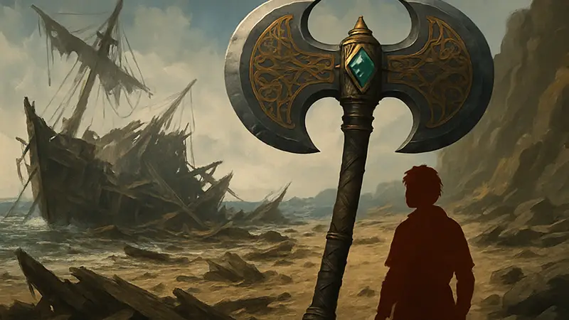 Двуглавый топор жадности на фоне обломков кораблекрушения в Crimson Desert