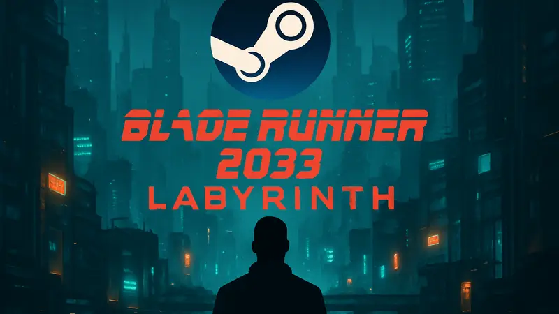 Логотип игры Blade Runner 2033 Labyrinth на фоне неонового города, над ним значок Steam.
