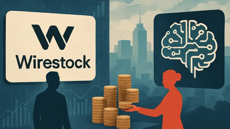 Логотип Wirestock и символ искусственного интеллекта, иллюстрирующие инвестиции в ИИ-данные