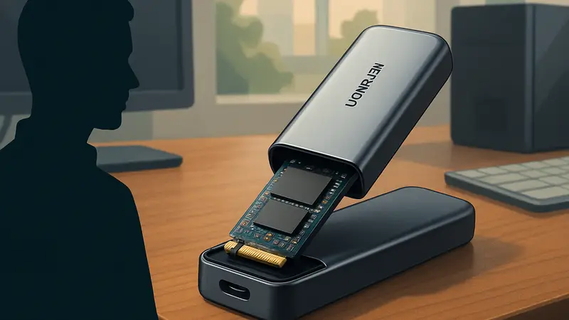 Компактный внешний корпус для SSD от Ugreen с подключенным накопителем M.2