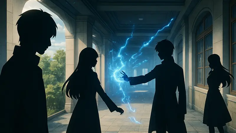 Кадр из аниме «Mahouka Koukou no Rettousei» с персонажами и магией