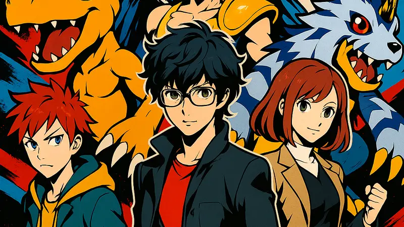 Арт персонажей Digimon Story Time Stranger, стилизованный под Persona