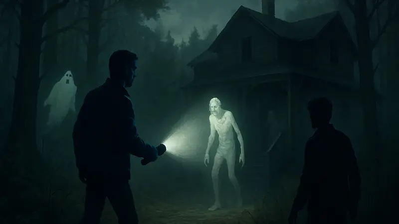 Промо-арт кроссовера Alan Wake 2 и Phasmophobia, с элементами обоих игр.