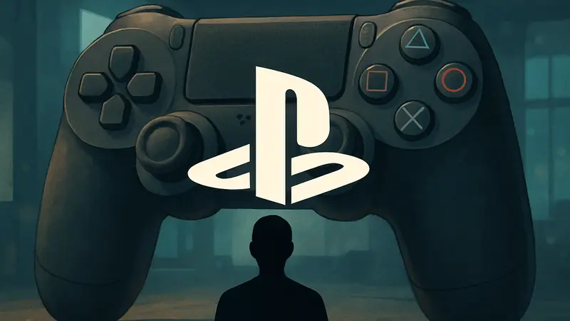 Логотип Sony PlayStation на фоне геймпада, символизирующего инновации в игровом процессе.