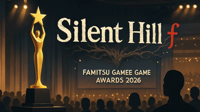Логотип Silent Hill f и статуэтка «Игра года» на фоне церемонии Famitsu Dengeki Game Awards 2026.