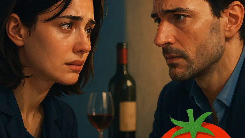 Кадр из сериала Drops of God от Apple TV, демонстрирующий эмоциональную сцену или главных героев, с логотипом Rotten Tomatoes.