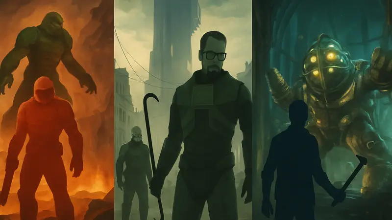 Обложки культовых FPS-игр, таких как DOOM, Half-Life 2 и BioShock, которые актуальны сейчас.