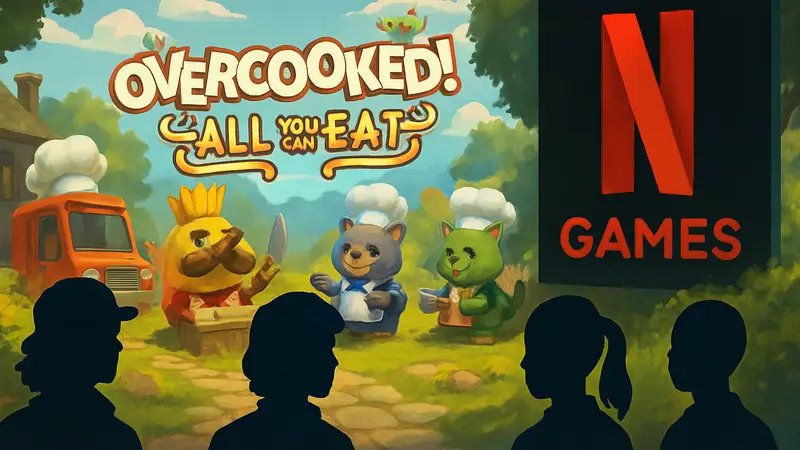 Overcooked: All You Can Eat, персонажи игры и логотип Netflix Games
