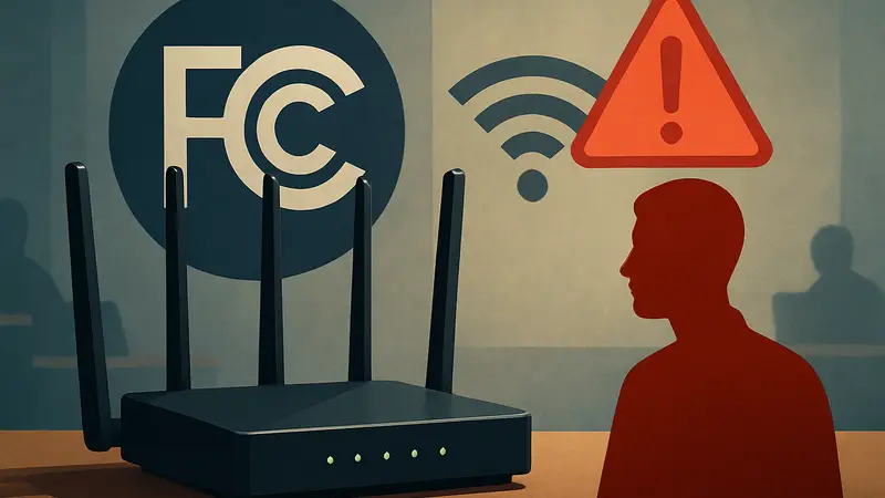 Современный Wi-Fi роутер на столе, рядом логотип FCC, риски безопасности.
