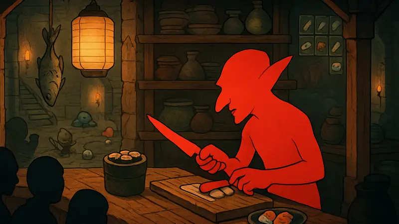 Скриншот геймплея Goblin Sushi: гоблин готовит суши в стилистике рогалика.