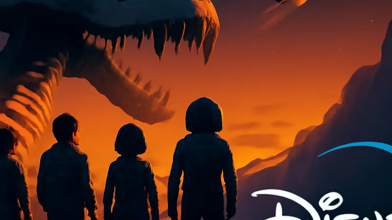 Постер или кадр из нового сериала Star Wars "Skeleton Crew", рядом с логотипом Disney+.