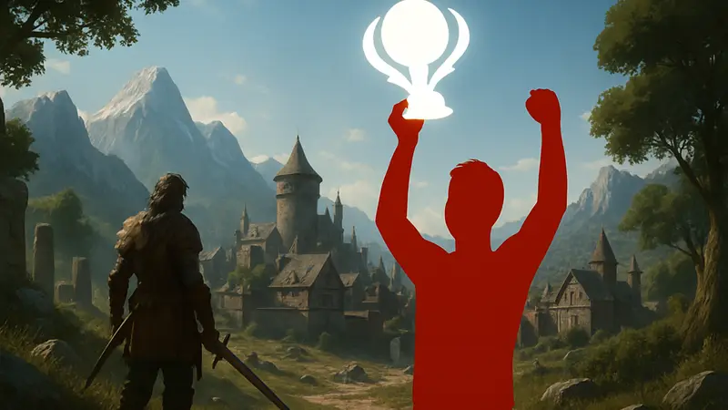 Игрок празднует получение «платины» в игре Crimson Desert после 285 часов геймплея.