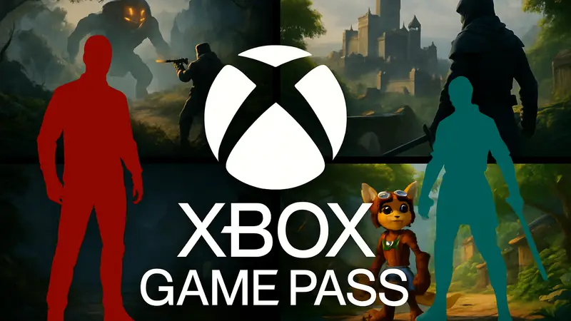 Логотип Xbox Game Pass на фоне скриншотов из новых добавленных игр