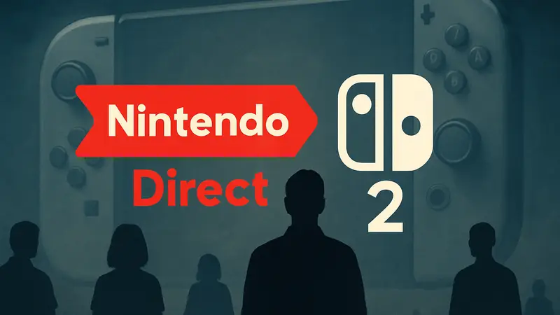 Логотип Nintendo Direct или символика Nintendo Switch 2 на фоне контроллера.
