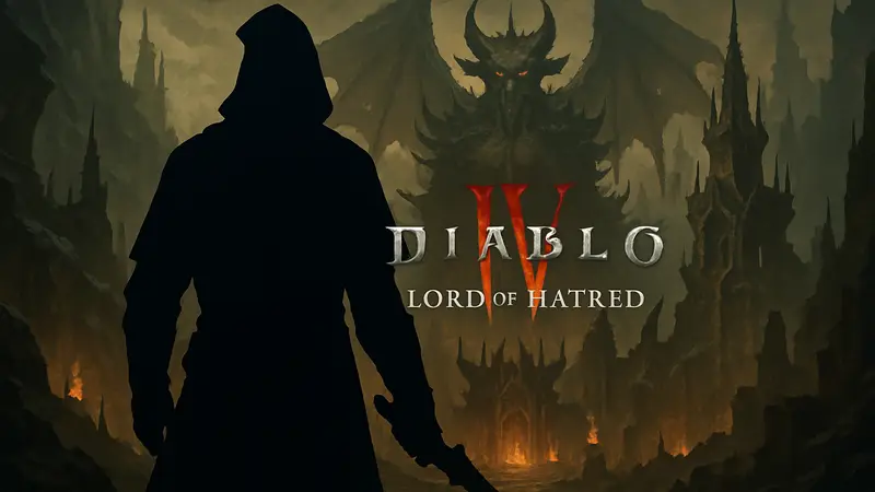 Логотип Diablo 4 Lord of Hatred с силуэтом нового, пока неизвестного класса на заднем плане.