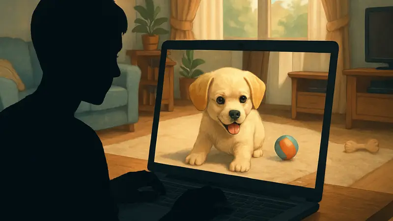 Милый щенок играет в "уютной" игре про питомцев, похожей на Nintendogs на Steam.