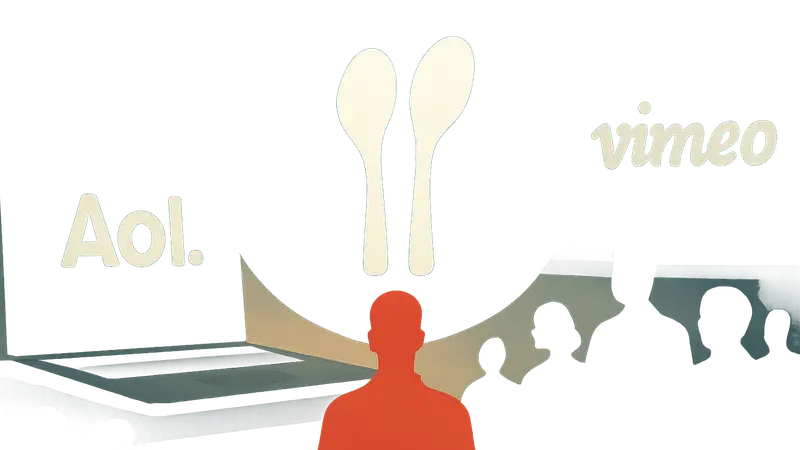 Логотип Bending Spoons на фоне цифровых сервисов AOL и Vimeo, обозначающий статус публичной компании