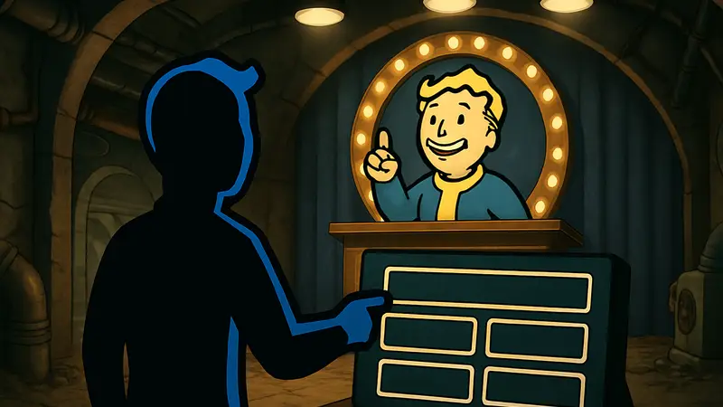 Житель Убежища из Fallout Shelter, участвующий в викторине Gameshow Gauntlet.